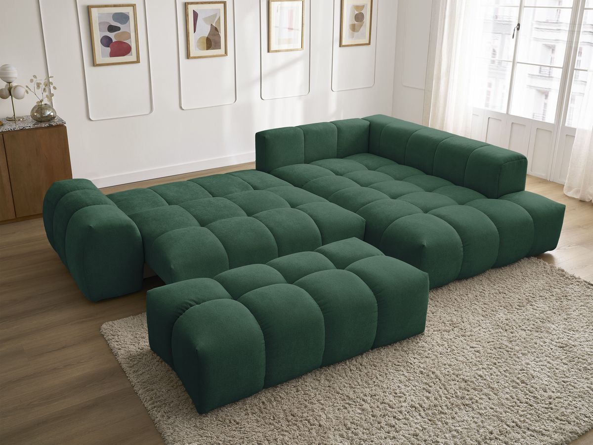 Canapé d'angle L convertible coffre EVEREST tissu texturé avec pouf