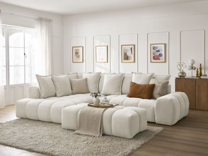 Canapé d'angle L convertible coffre EVEREST tissu texturé avec pouf