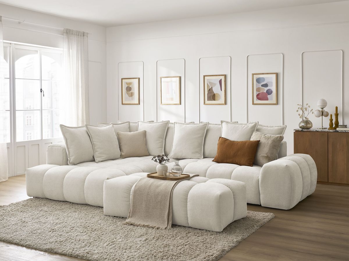 Canapé d'angle L convertible coffre EVEREST tissu texturé avec pouf