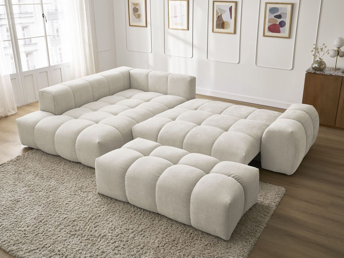 Canapé d'angle L convertible coffre EVEREST tissu texturé avec pouf