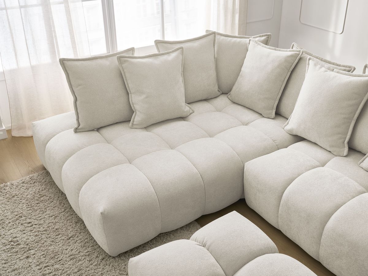 Canapé d'angle L convertible coffre EVEREST tissu texturé avec pouf