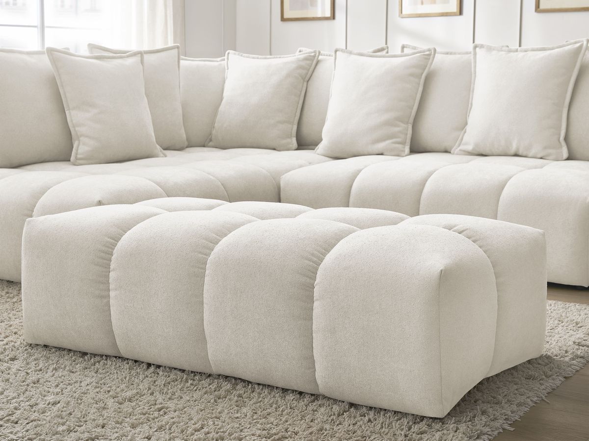 Canapé d'angle L convertible coffre EVEREST tissu texturé avec pouf