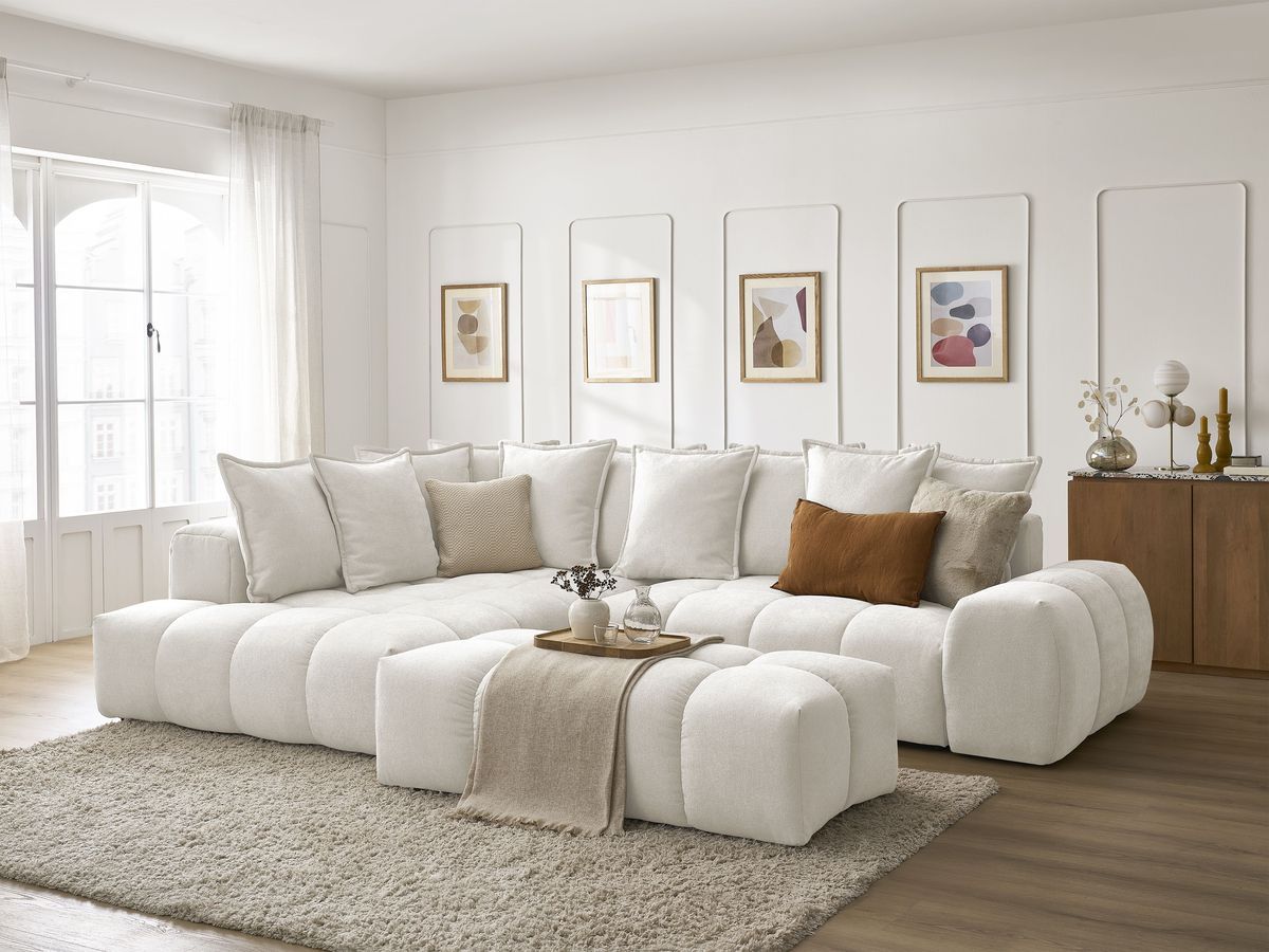 Canapé d'angle L convertible coffre EVEREST tissu texturé avec pouf