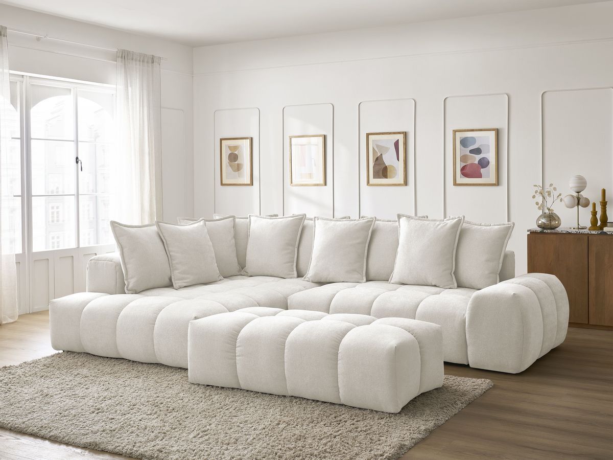 Canapé d'angle L convertible coffre EVEREST tissu texturé avec pouf