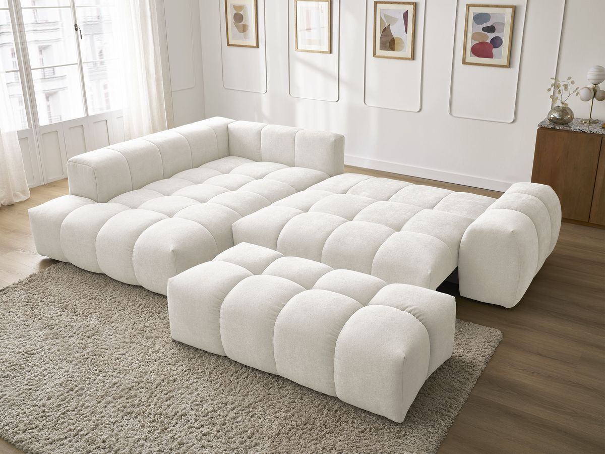 Canapé d'angle L convertible coffre EVEREST tissu texturé avec pouf