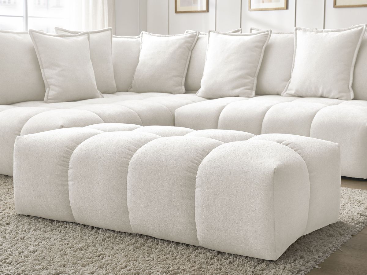 Canapé d'angle L convertible coffre EVEREST tissu texturé avec pouf