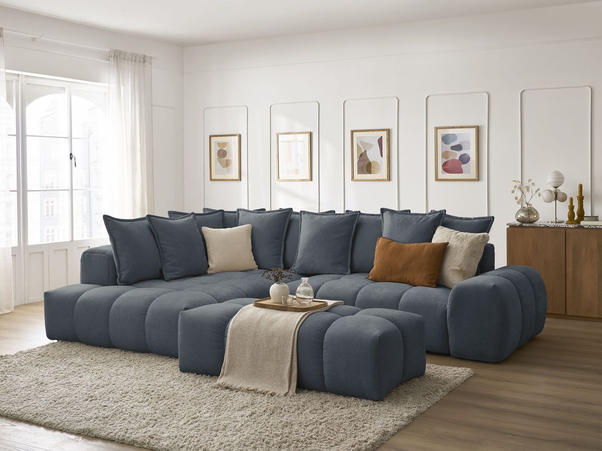 Canapé d'angle L convertible coffre EVEREST tissu texturé avec pouf