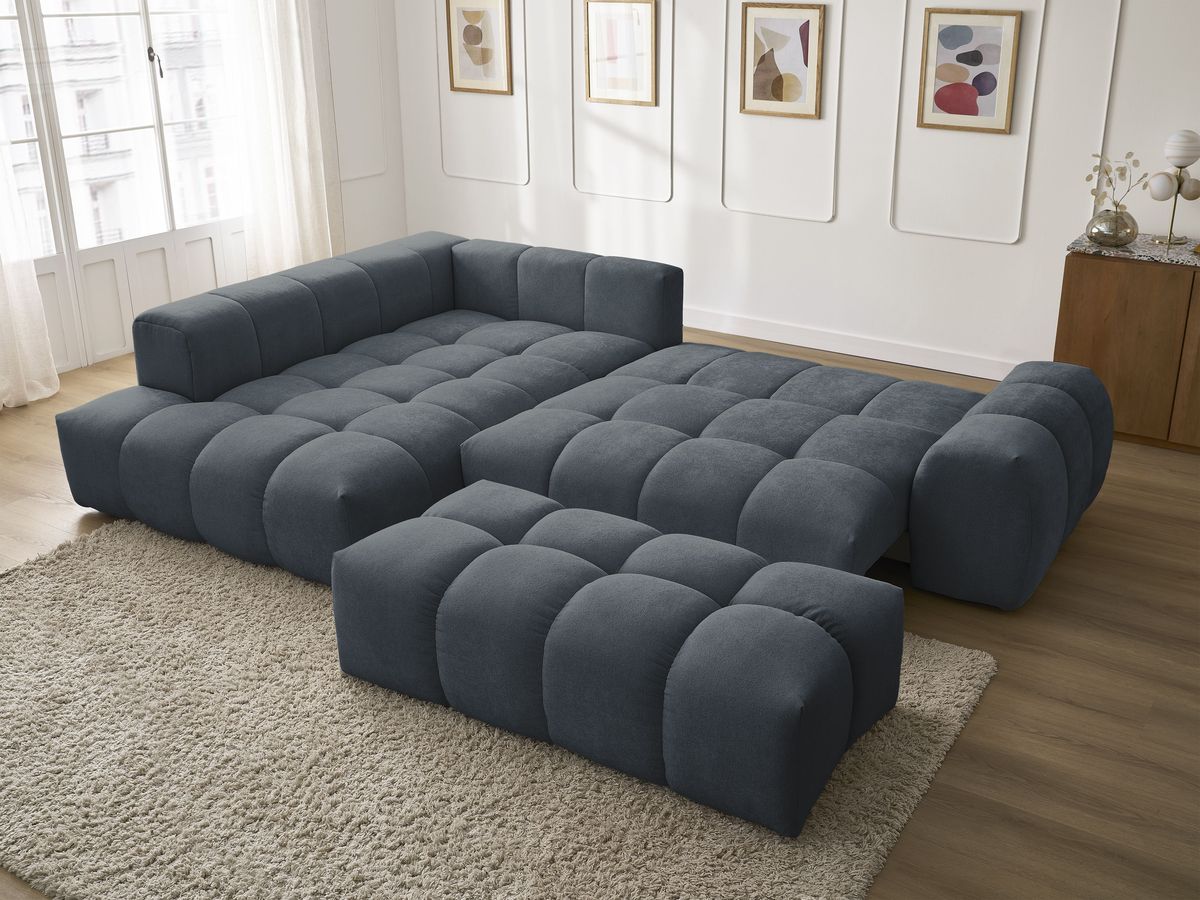 Canapé d'angle L convertible coffre EVEREST tissu texturé avec pouf