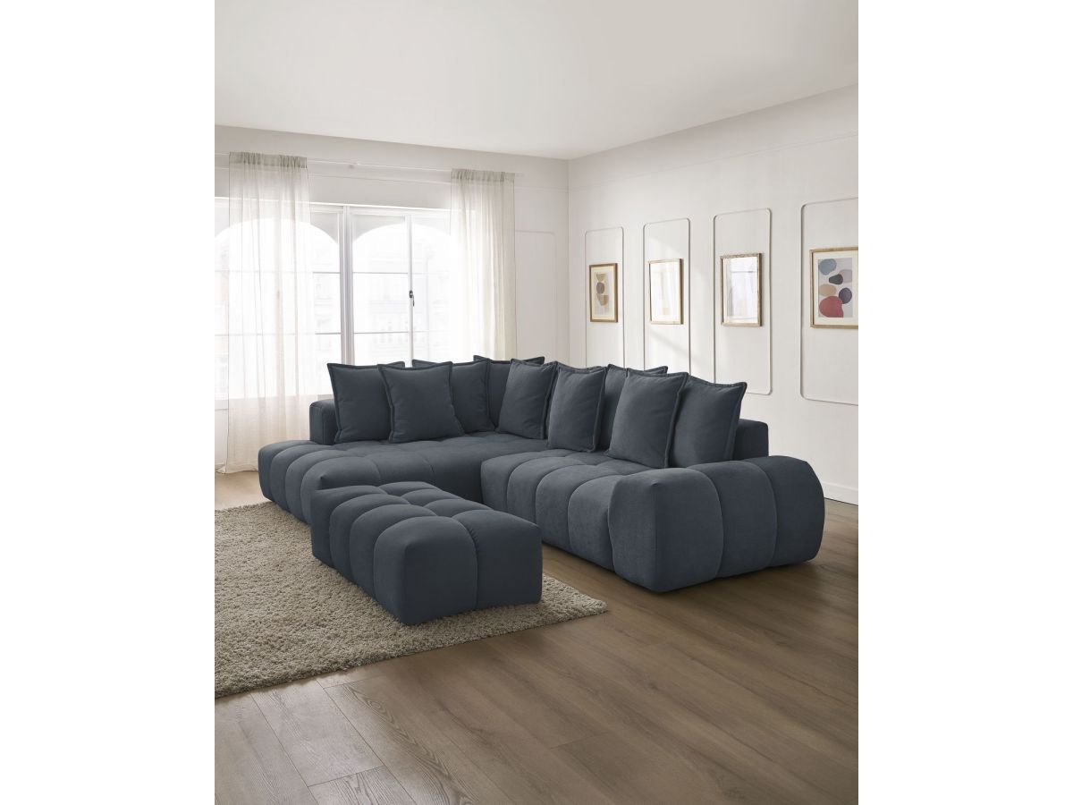 Canapé d'angle L convertible coffre EVEREST tissu texturé avec pouf