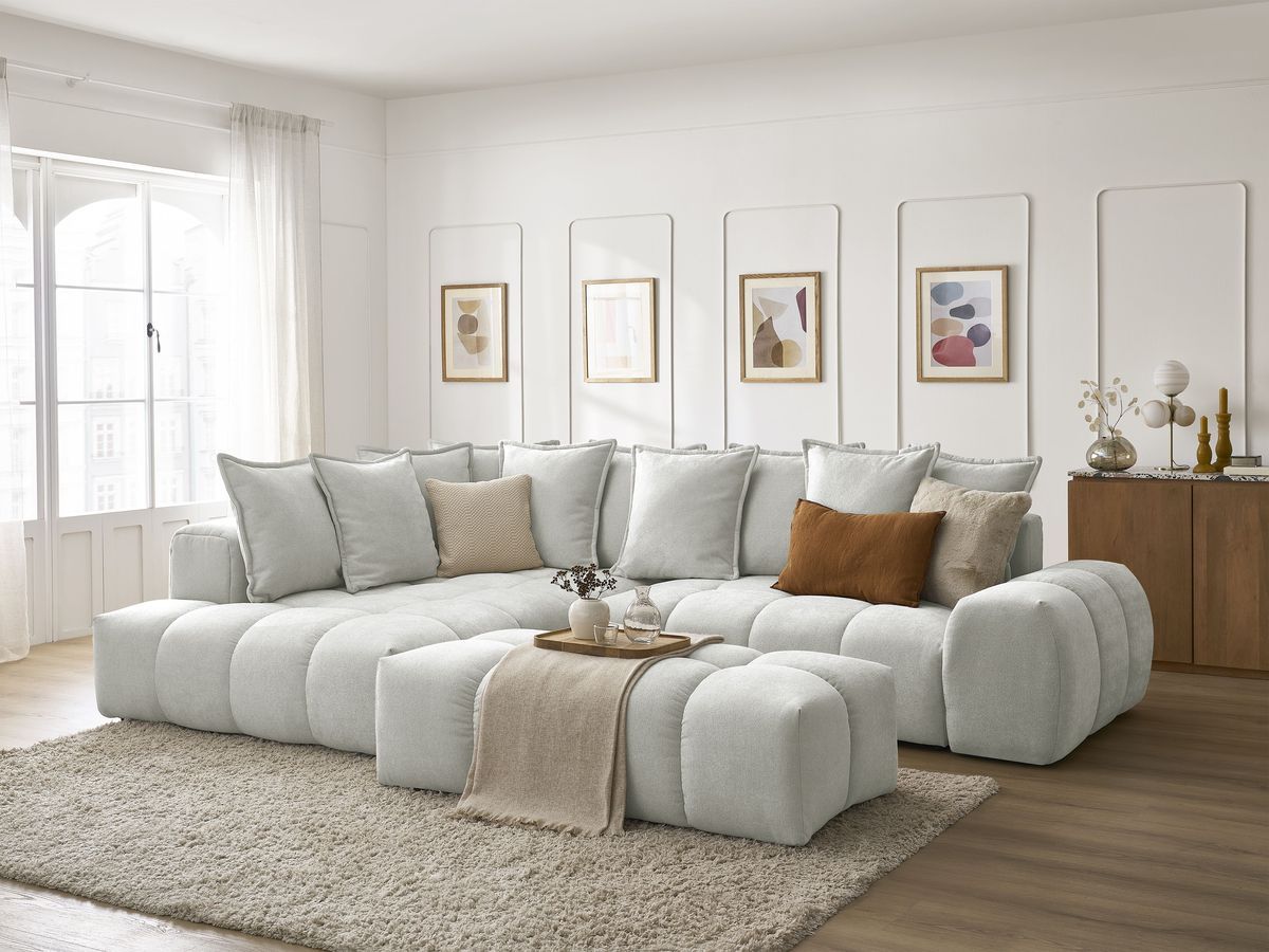Canapé d'angle L convertible coffre EVEREST tissu texturé avec pouf