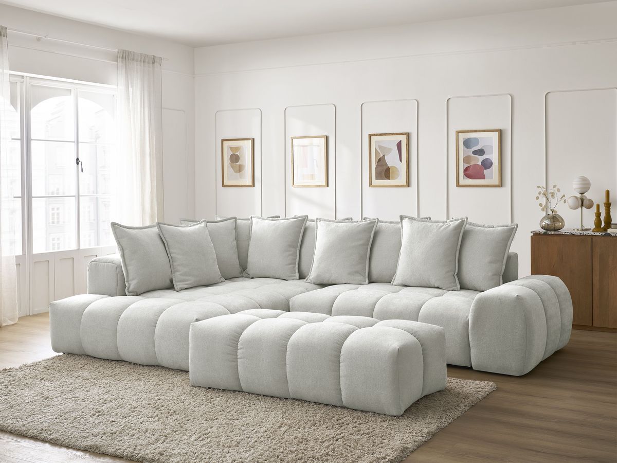 Canapé d'angle L convertible coffre EVEREST tissu texturé avec pouf