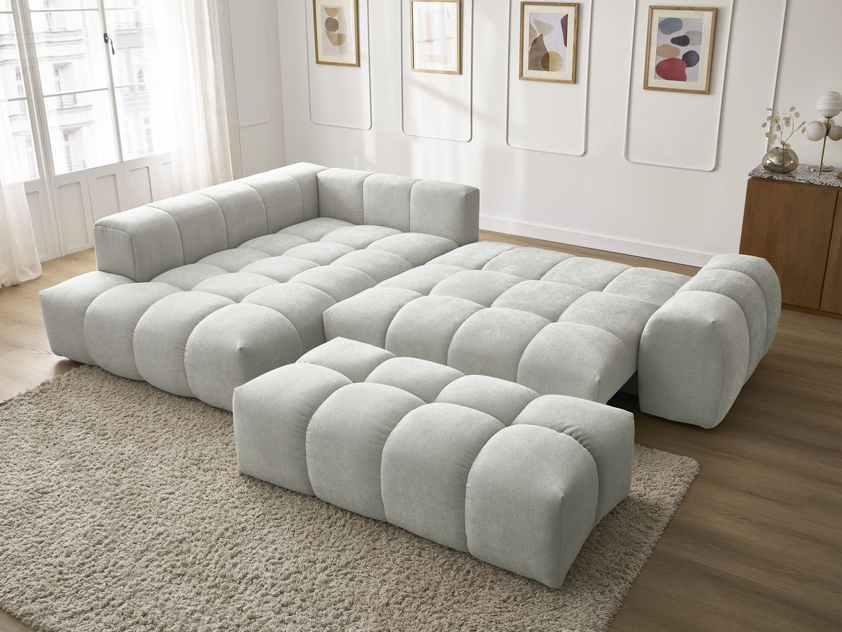Canapé d'angle L convertible coffre EVEREST tissu texturé avec pouf