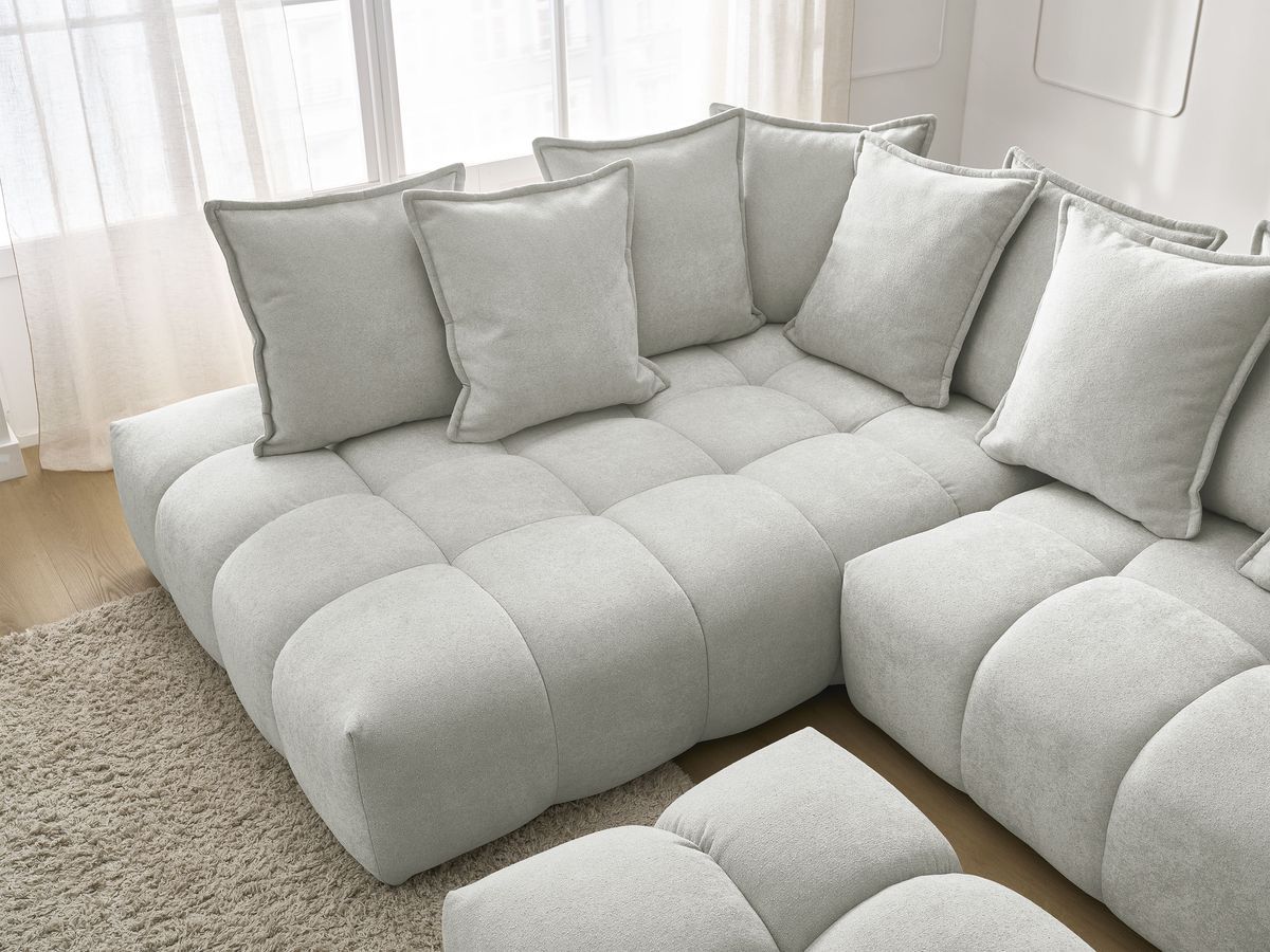 Canapé d'angle L convertible coffre EVEREST tissu texturé avec pouf