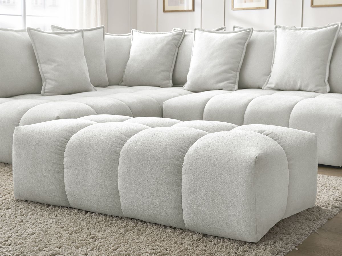 Canapé d'angle L convertible coffre EVEREST tissu texturé avec pouf