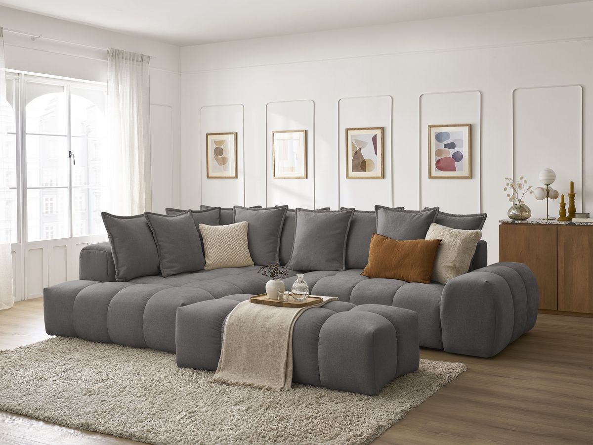 Canapé d'angle L convertible coffre EVEREST tissu texturé avec pouf