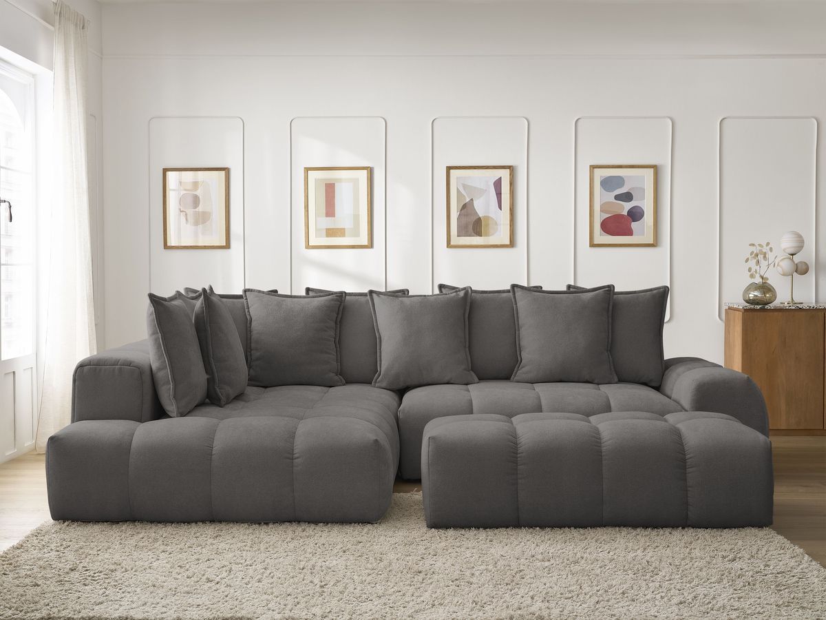 Canapé d'angle L convertible coffre EVEREST tissu texturé avec pouf gris foncé angle gauche BOBOCHIC 4 places - Vue supplémentaire 3