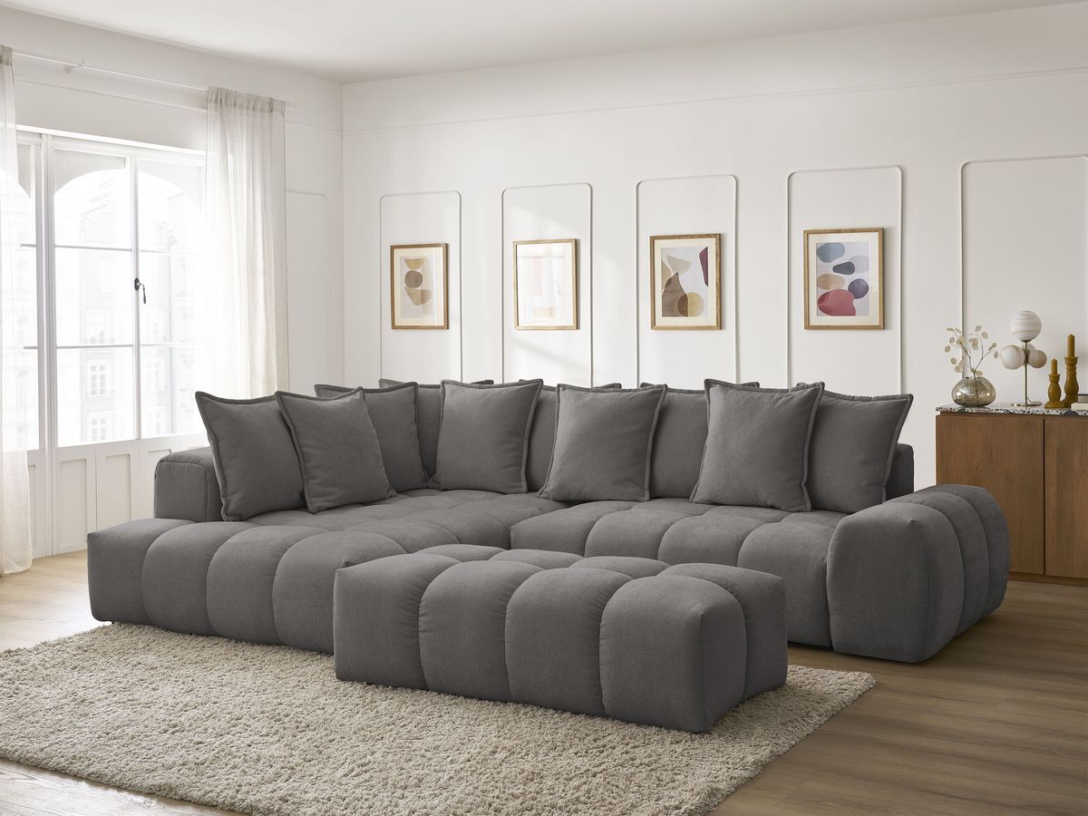 Canapé d'angle L convertible coffre EVEREST tissu texturé avec pouf
