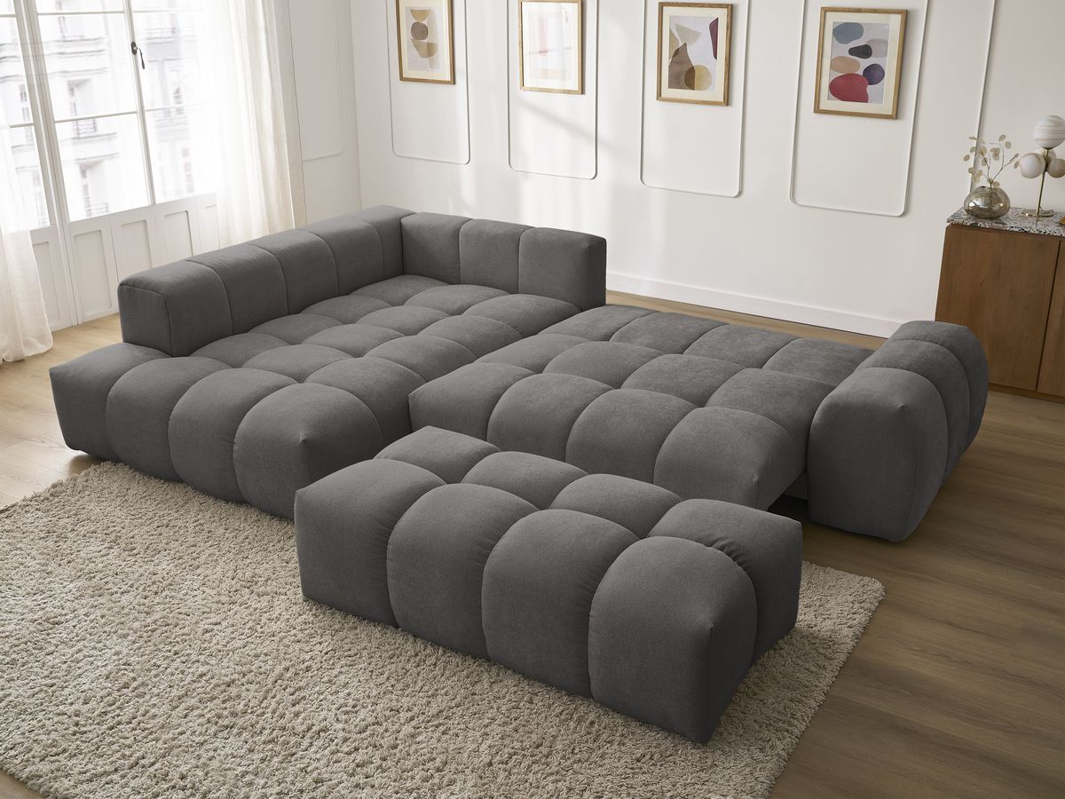 Canapé d'angle L convertible coffre EVEREST tissu texturé avec pouf
