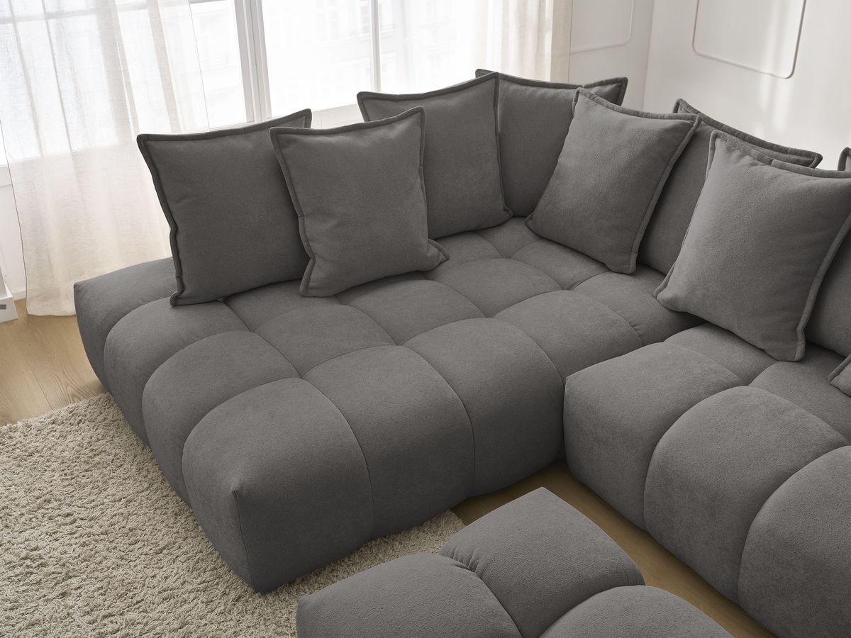Canapé d'angle L convertible coffre EVEREST tissu texturé avec pouf