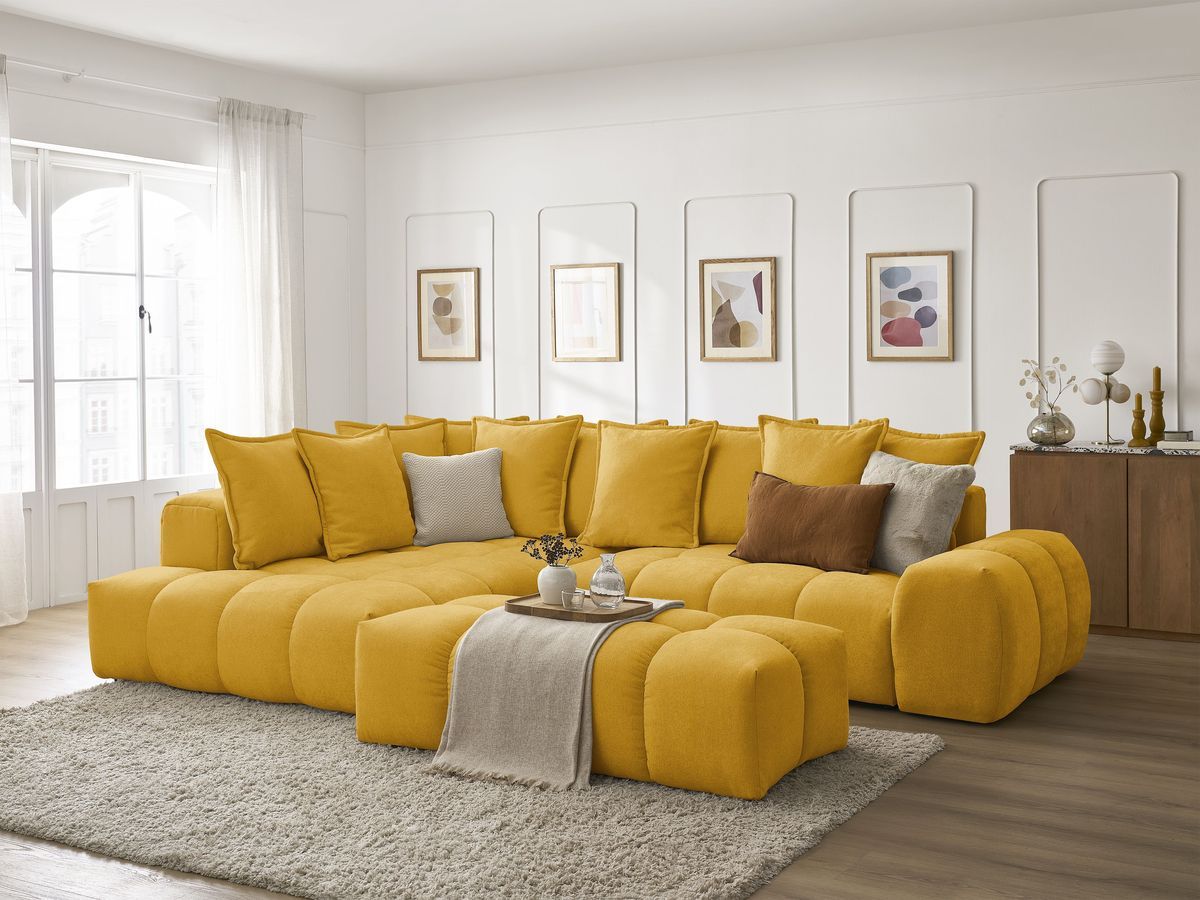 Canapé d'angle L convertible coffre EVEREST tissu texturé avec pouf