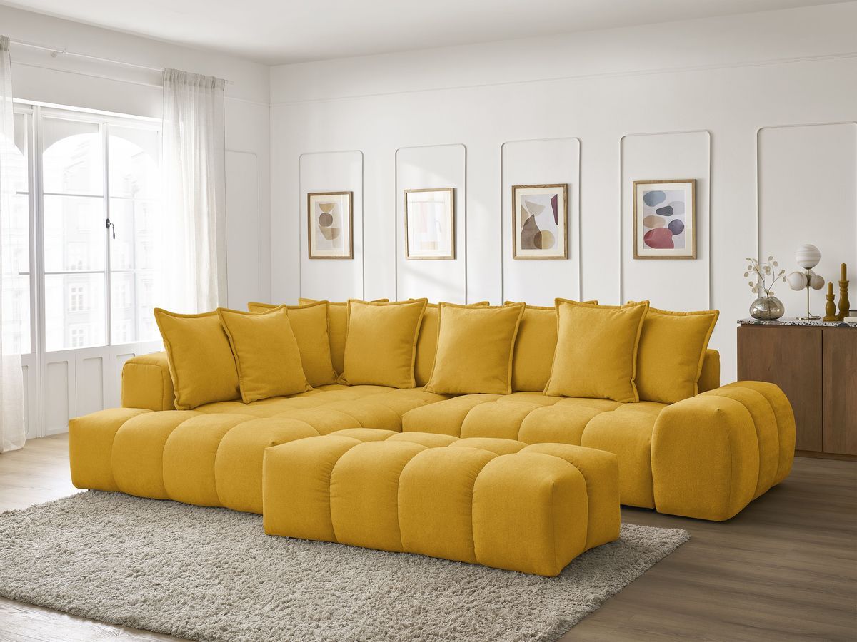 Canapé d'angle L convertible coffre EVEREST tissu texturé avec pouf