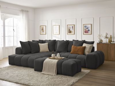 Canapé d'angle L convertible coffre EVEREST tissu texturé avec pouf