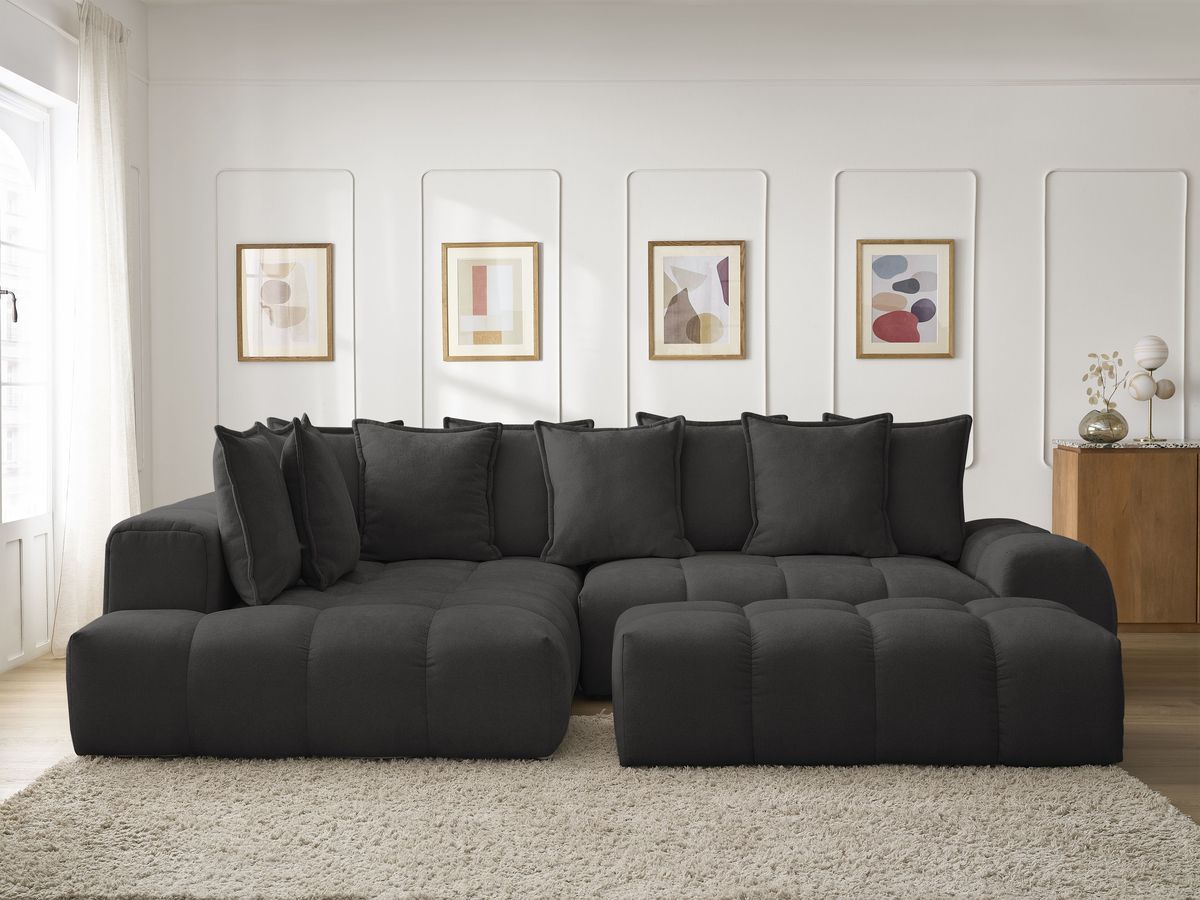 Canapé d'angle L convertible coffre EVEREST tissu texturé avec pouf noir angle gauche BOBOCHIC 4 places - Vue supplémentaire 3