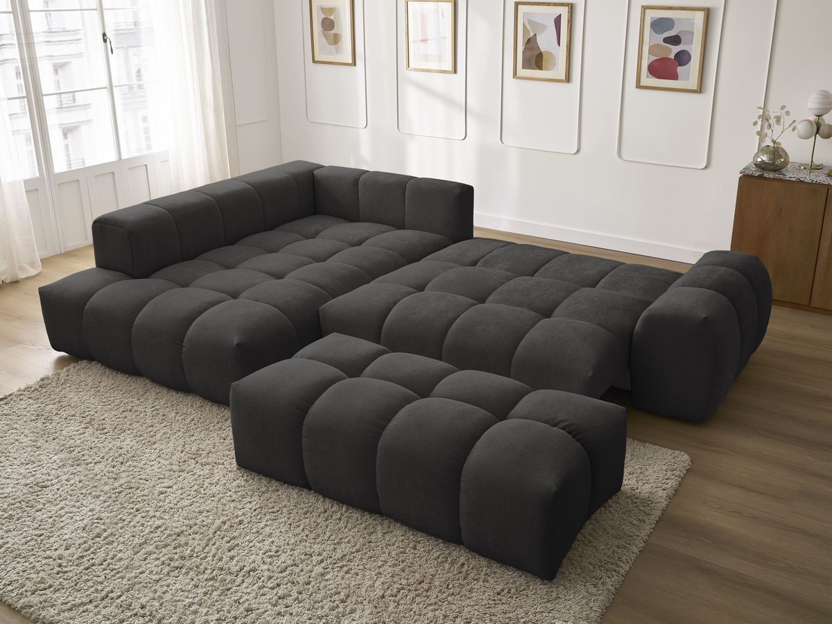 Canapé d'angle L convertible coffre EVEREST tissu texturé avec pouf