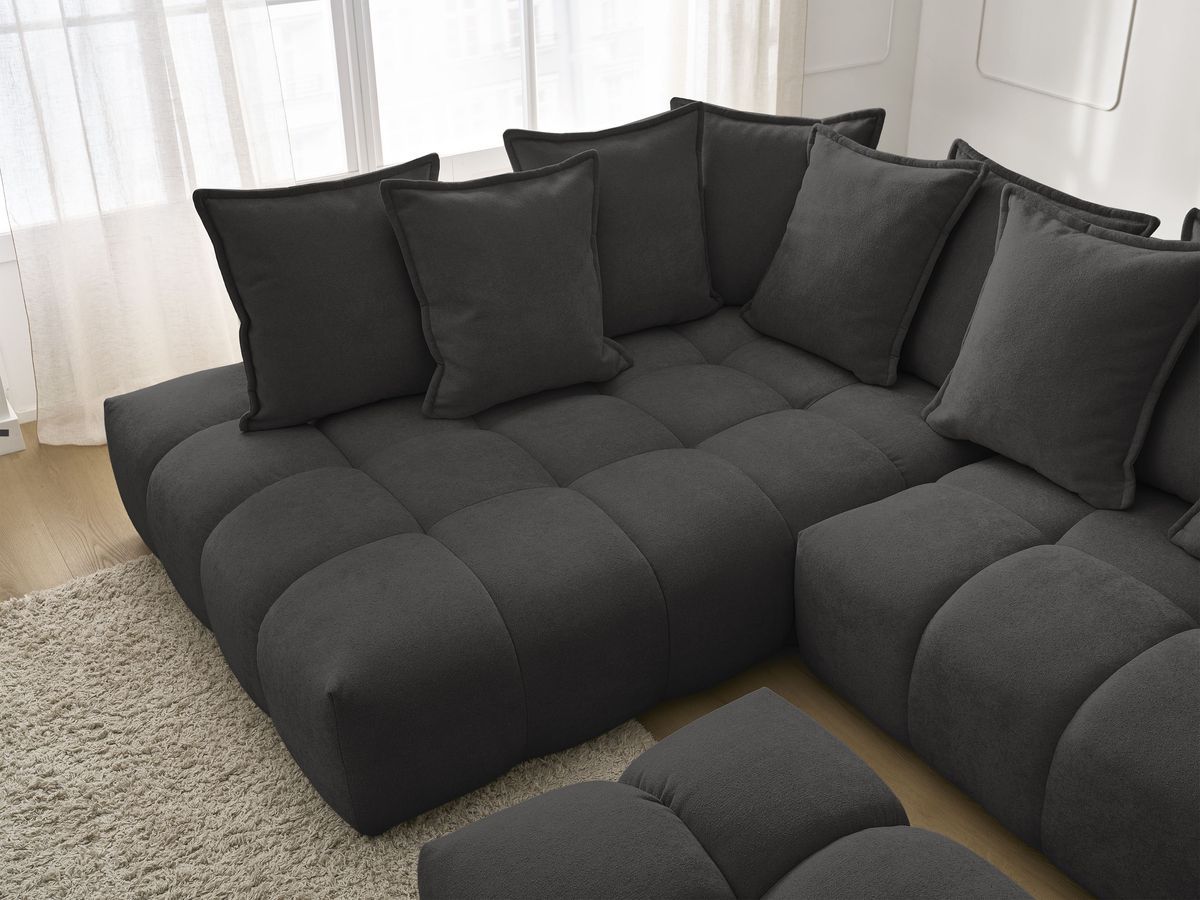 Canapé d'angle L convertible coffre EVEREST tissu texturé avec pouf