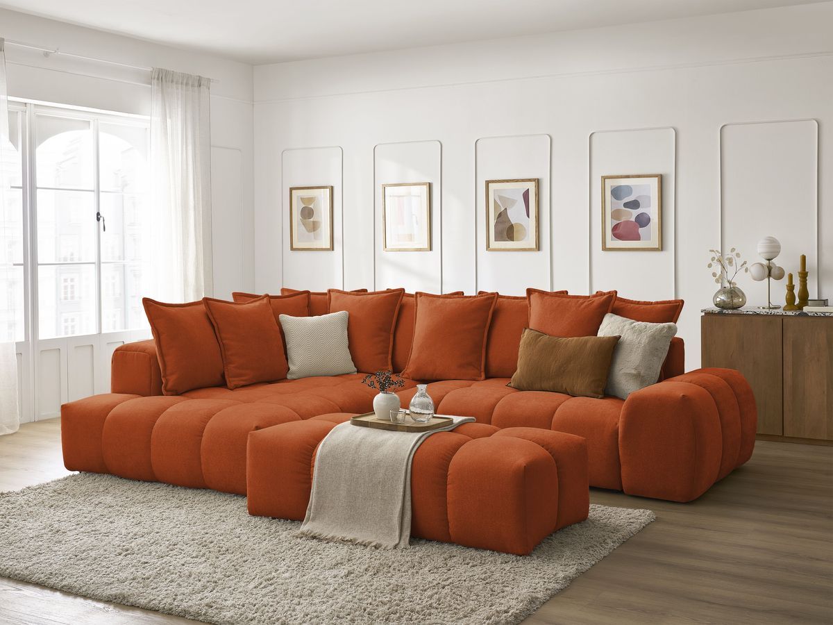 Canapé d'angle L convertible coffre EVEREST tissu texturé avec pouf