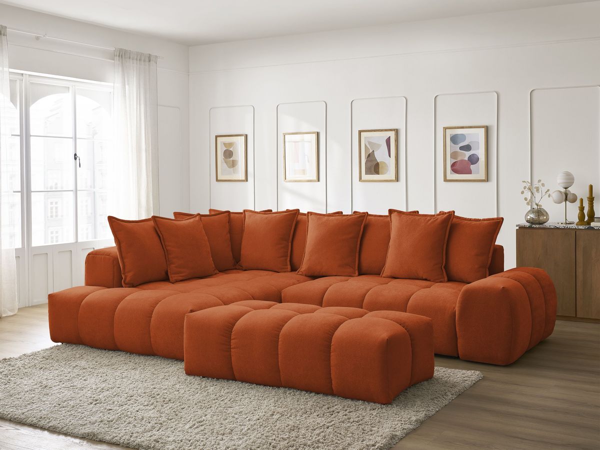 Canapé d'angle L convertible coffre EVEREST tissu texturé avec pouf