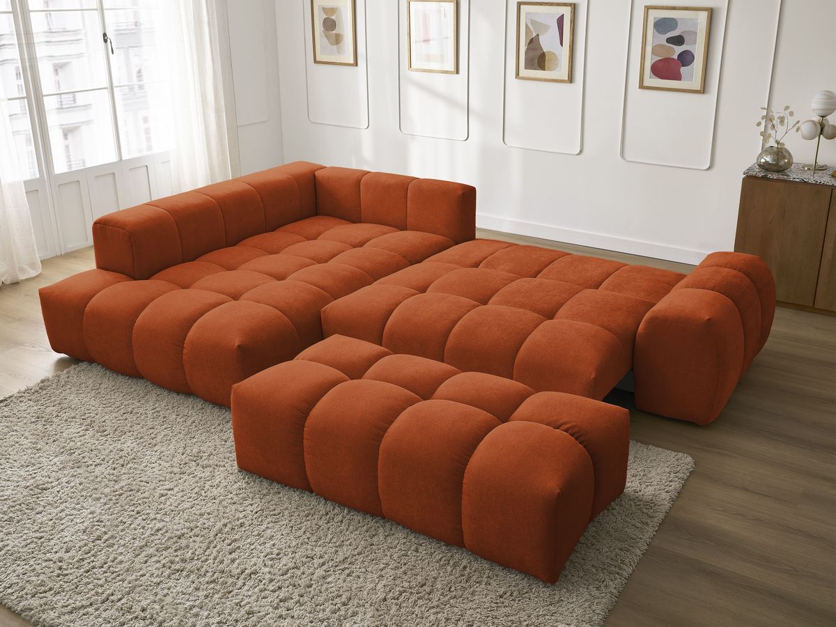 Canapé d'angle L convertible coffre EVEREST tissu texturé avec pouf