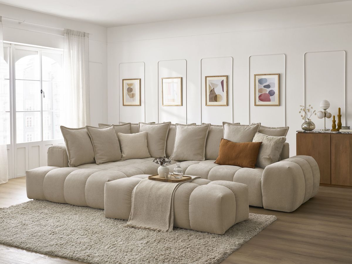 Canapé d'angle L convertible coffre EVEREST tissu texturé avec pouf