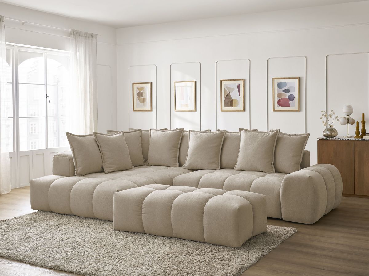 Canapé d'angle L convertible coffre EVEREST tissu texturé avec pouf