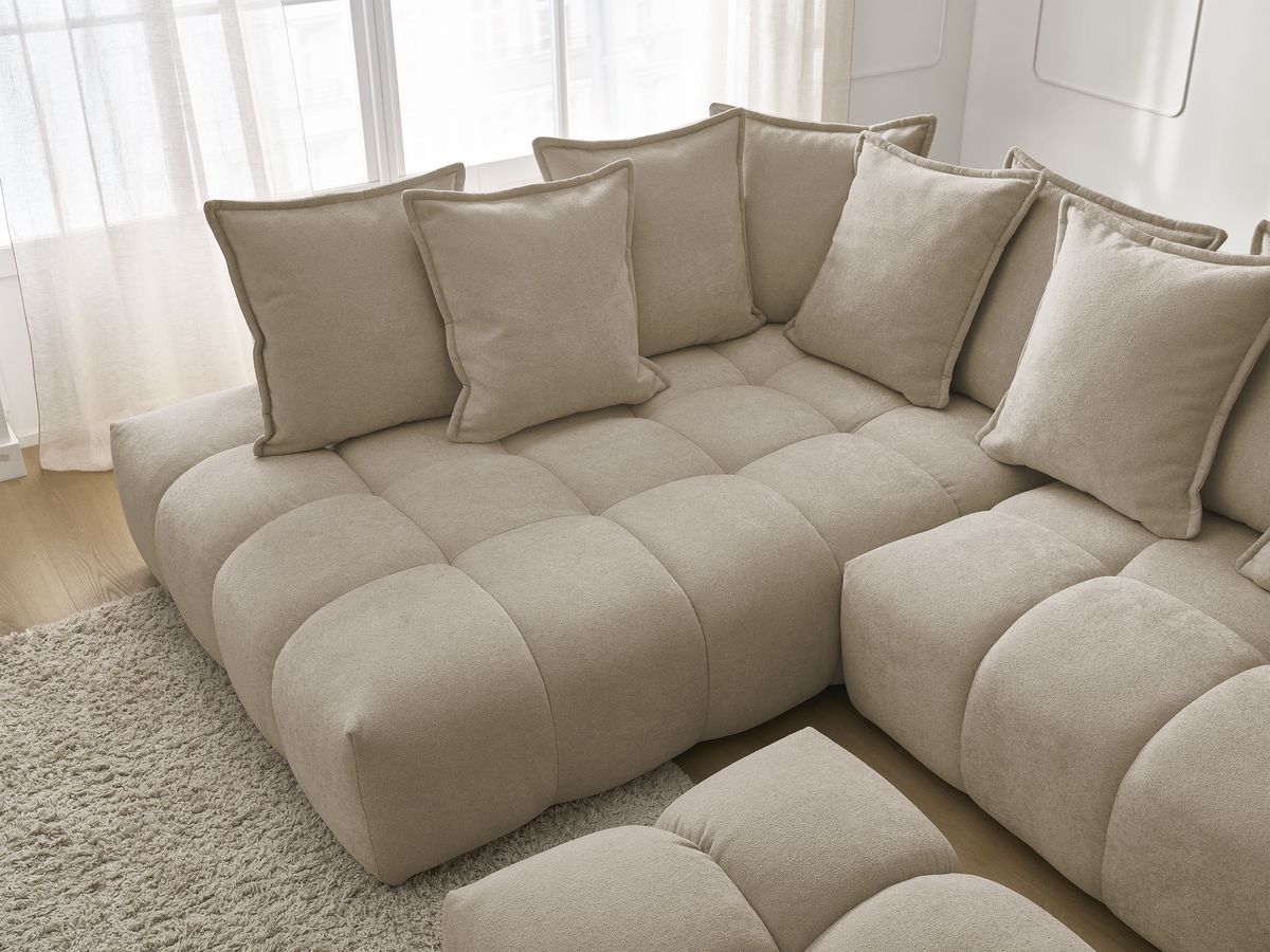 Canapé d'angle L convertible coffre EVEREST tissu texturé avec pouf