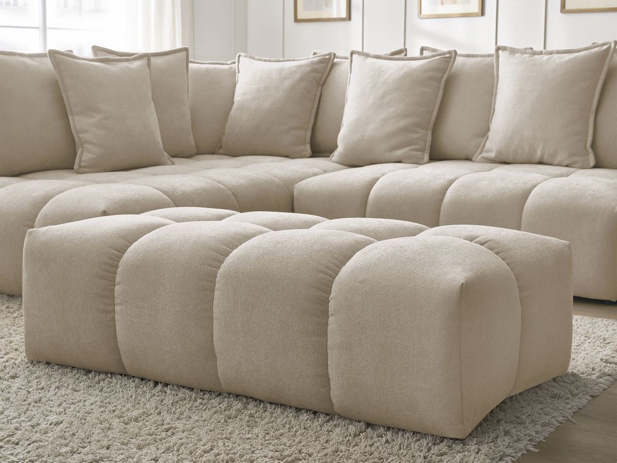 Canapé d'angle L convertible coffre EVEREST tissu texturé avec pouf