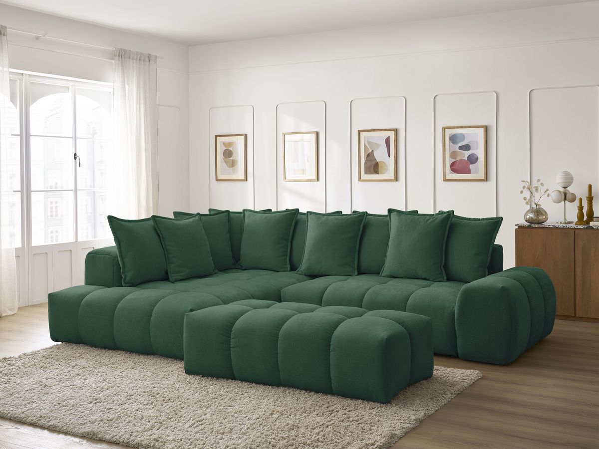 Canapé d'angle L convertible coffre EVEREST tissu texturé avec pouf
