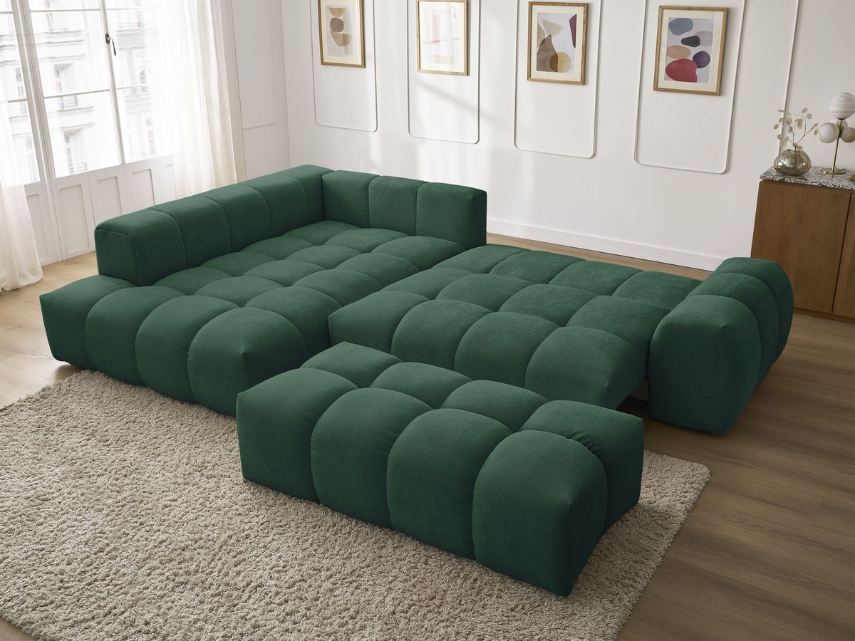 Canapé d'angle L convertible coffre EVEREST tissu texturé avec pouf
