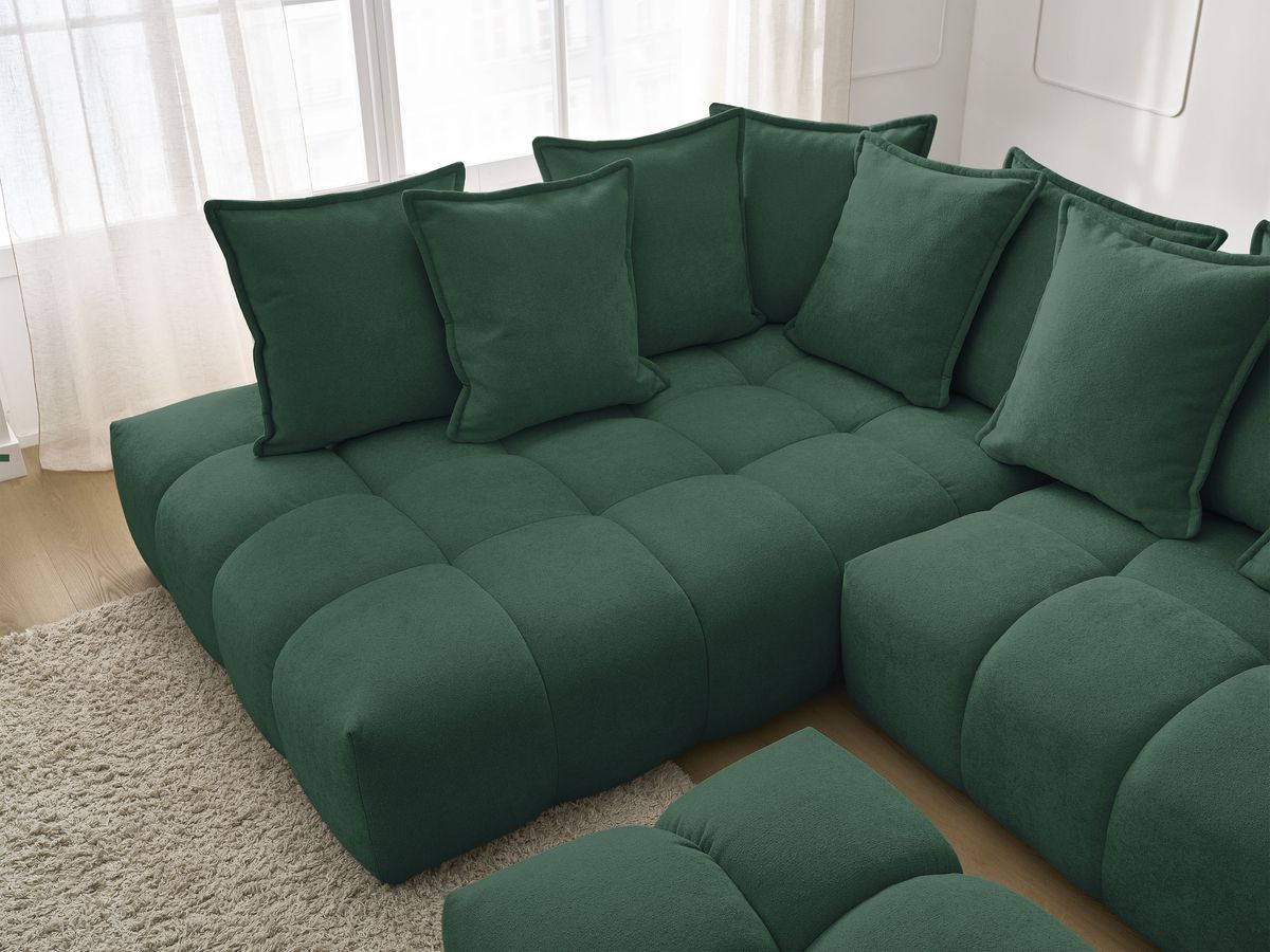 Canapé d'angle L convertible coffre EVEREST tissu texturé avec pouf