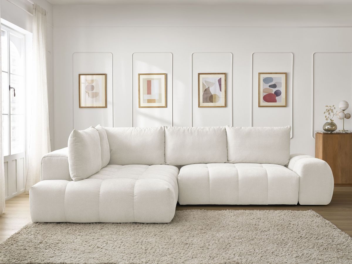 Canapé d'angle L convertible coffre EVEREST tissu texturé blanc angle gauche BOBOCHIC 3 places - Vue supplémentaire 3