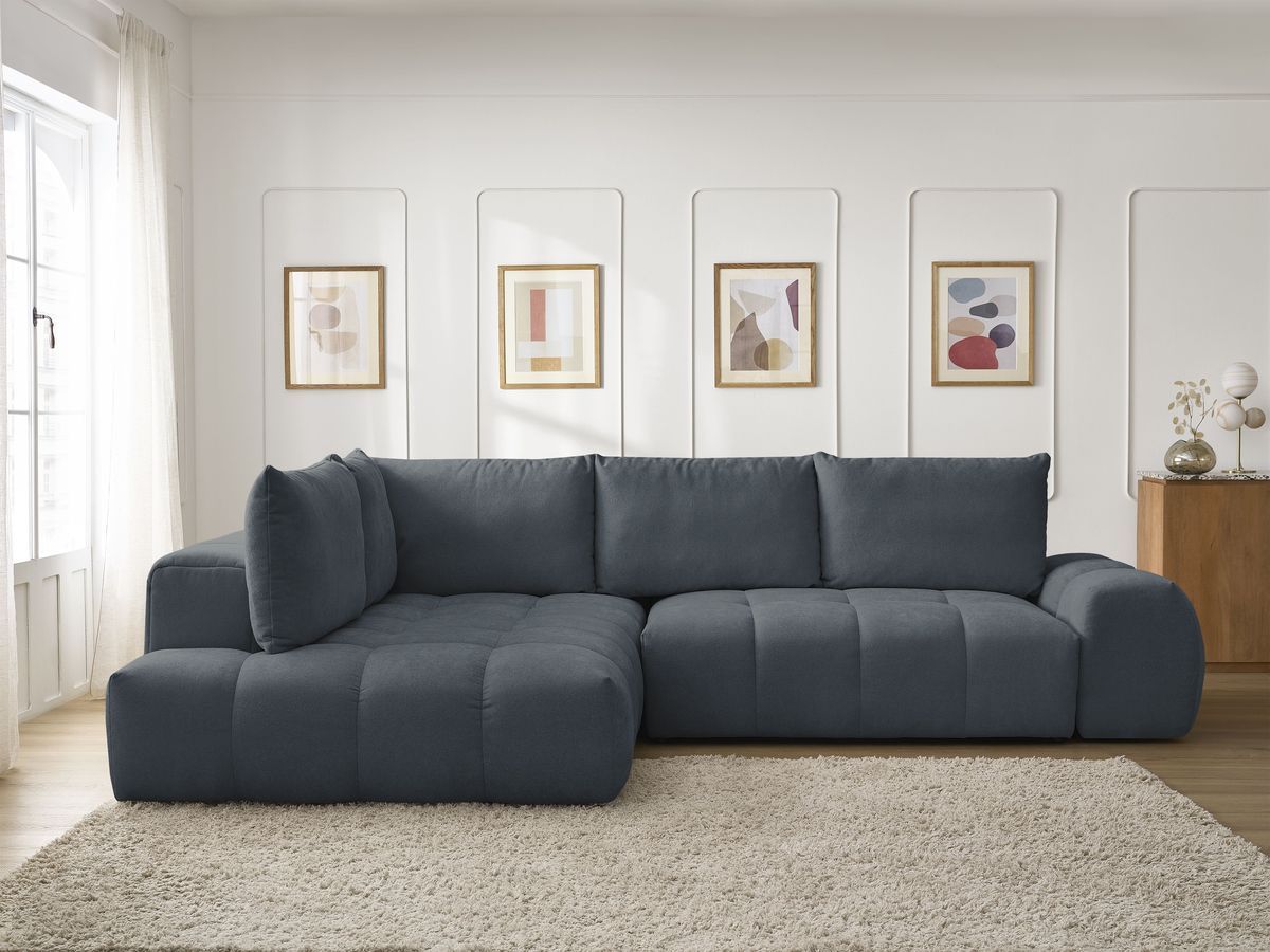 Canapé d'angle L convertible coffre EVEREST tissu texturé bleu foncé angle gauche BOBOCHIC 3 places - Vue supplémentaire 3