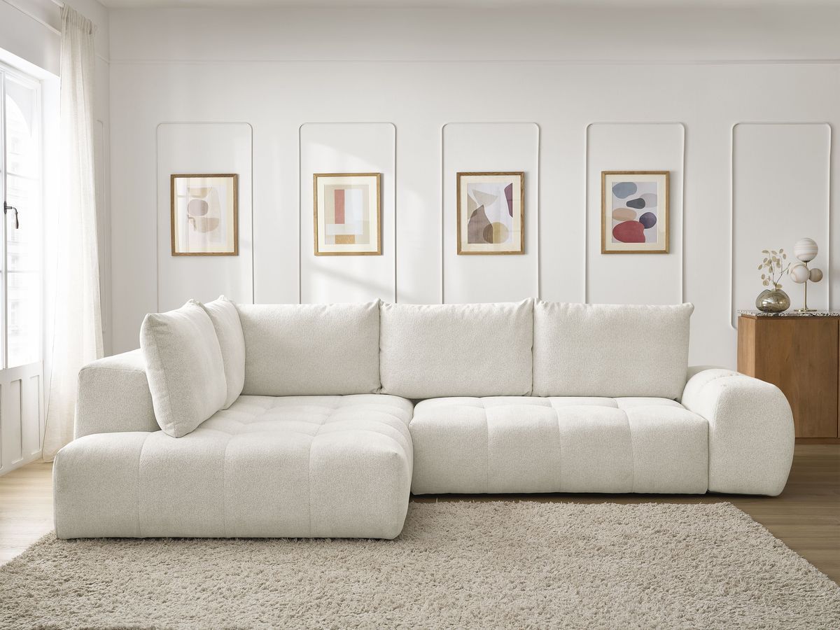Canapé d'angle L convertible coffre EVEREST tissu chiné blanc angle gauche BOBOCHIC 3 places - Vue supplémentaire 3