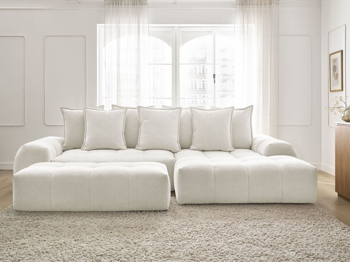 Canapé d'angle convertible coffre EVEREST tissu chiné avec pouf blanc angle droit BOBOCHIC 4 places - Vue supplémentaire 3