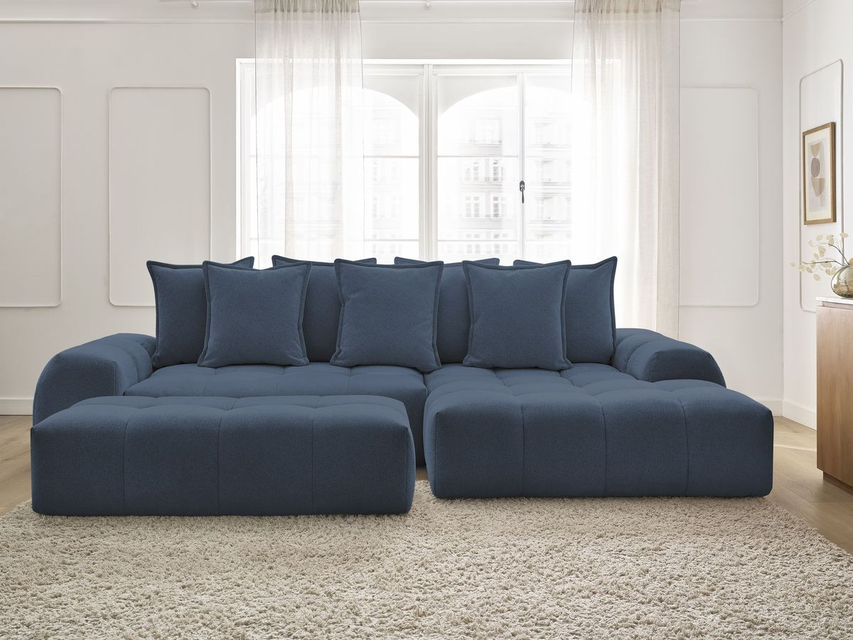 Canapé d'angle convertible coffre EVEREST tissu chiné avec pouf bleu foncé angle droit BOBOCHIC 4 places - Vue supplémentaire 3