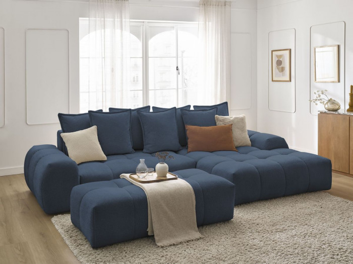 Canapé d'angle convertible coffre EVEREST tissu chiné avec pouf