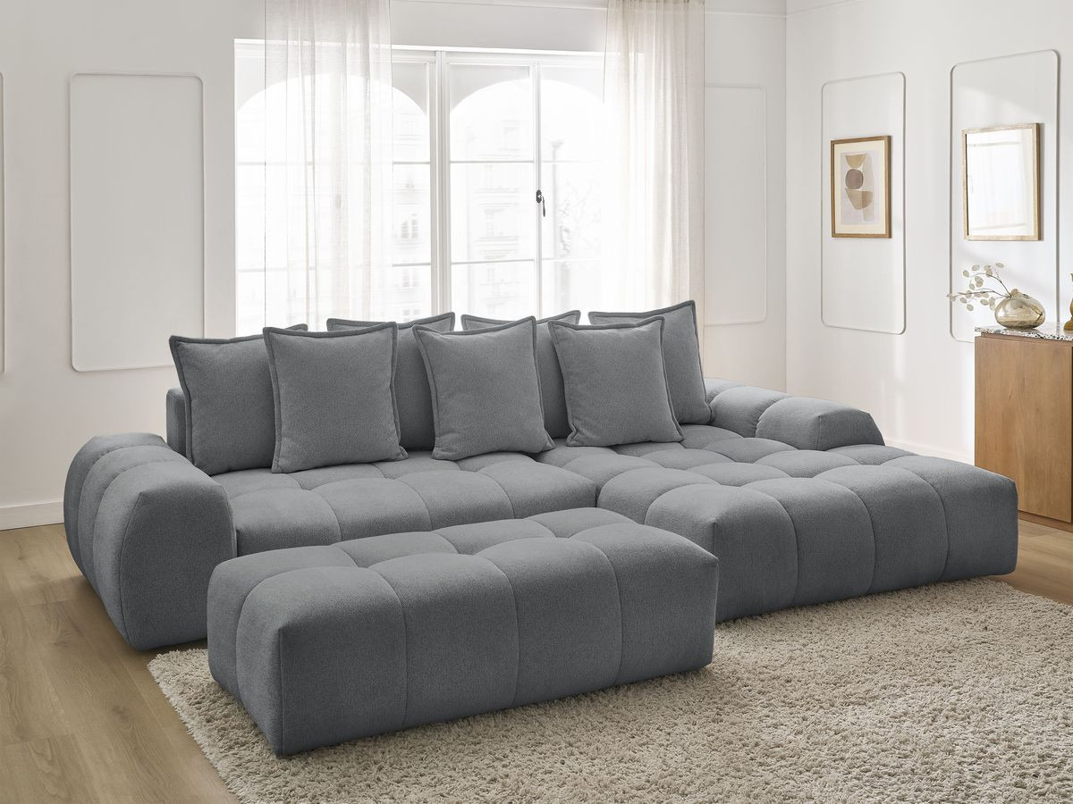 Canapé d'angle convertible coffre EVEREST tissu chiné avec pouf gris foncé angle droit BOBOCHIC 4 places - Vue supplémentaire 3