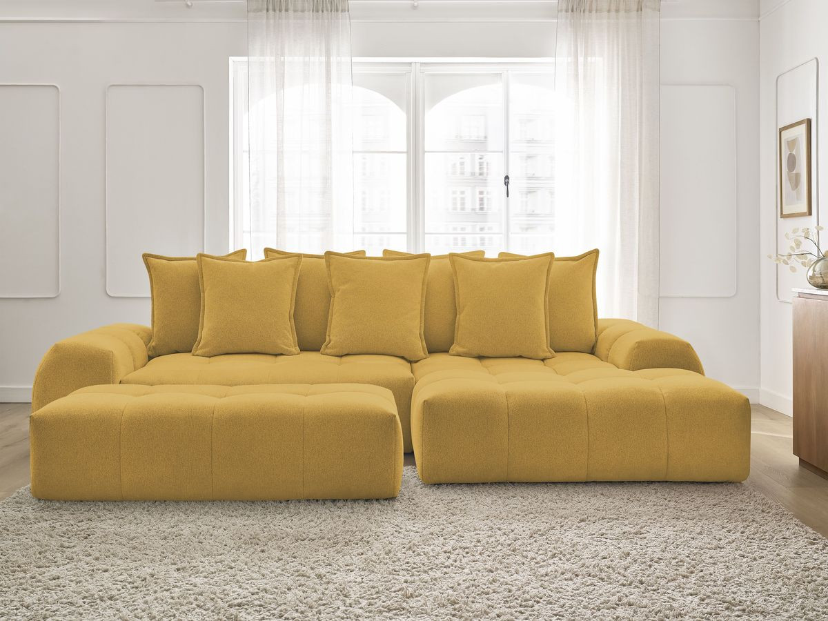 Canapé d'angle convertible coffre EVEREST tissu chiné avec pouf jaune angle droit BOBOCHIC 4 places - Vue supplémentaire 3