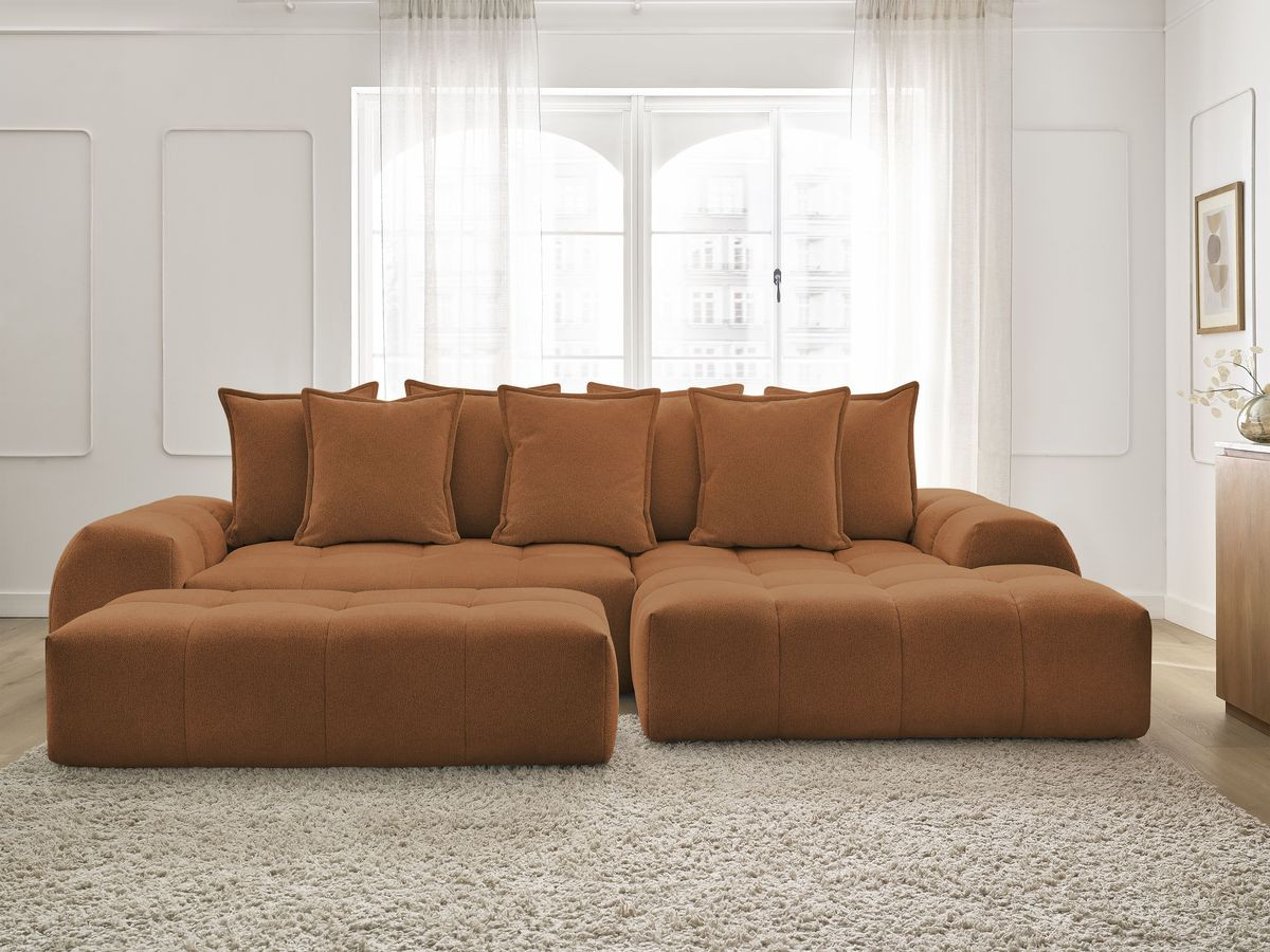 Canapé d'angle convertible coffre EVEREST tissu chiné avec pouf orange angle droit BOBOCHIC 4 places - Vue supplémentaire 3