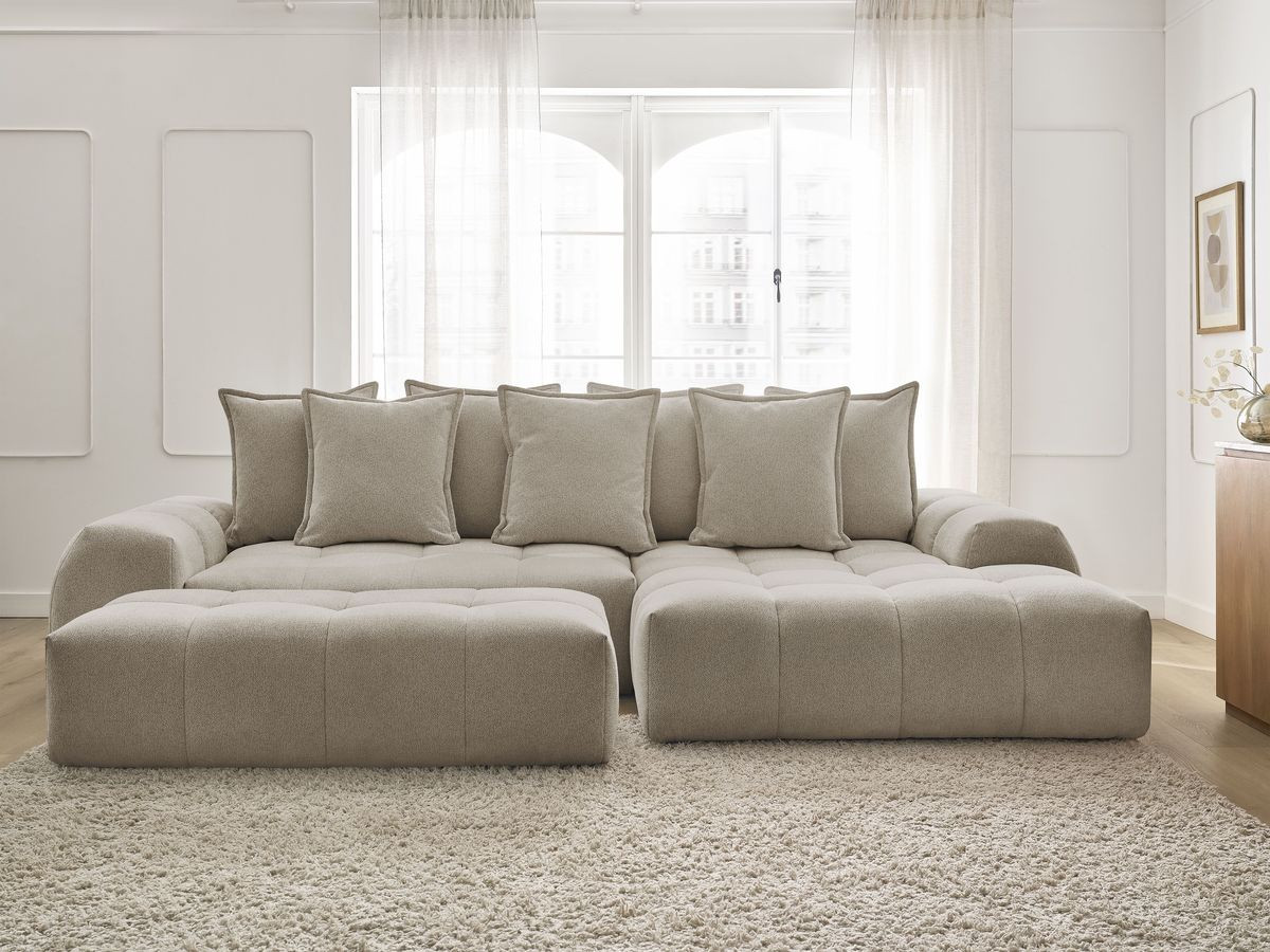 Canapé d'angle convertible coffre EVEREST tissu chiné avec pouf taupe angle droit BOBOCHIC 4 places - Vue supplémentaire 3