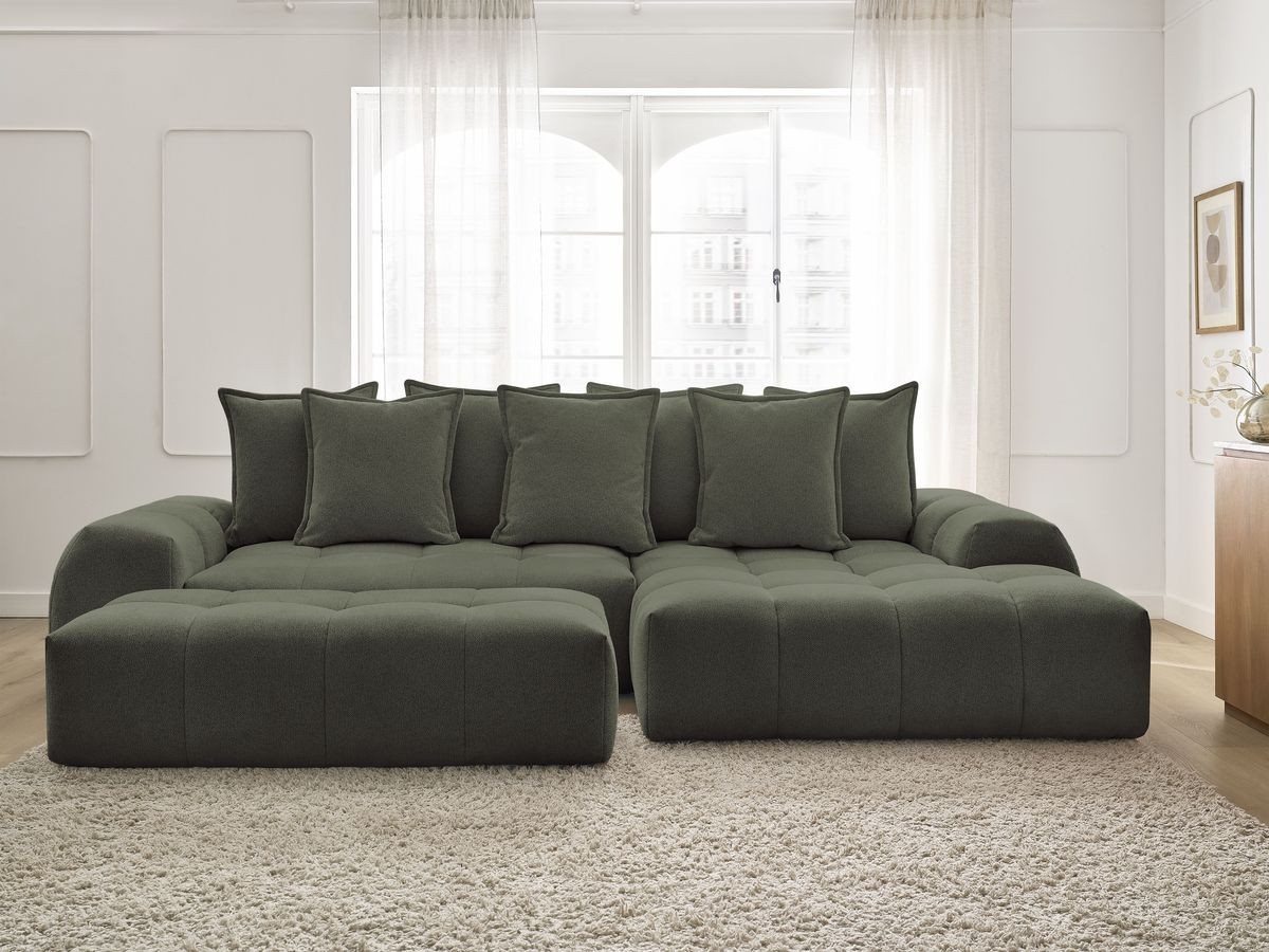 Canapé d'angle convertible coffre EVEREST tissu chiné avec pouf vert angle droit BOBOCHIC 4 places - Vue supplémentaire 3